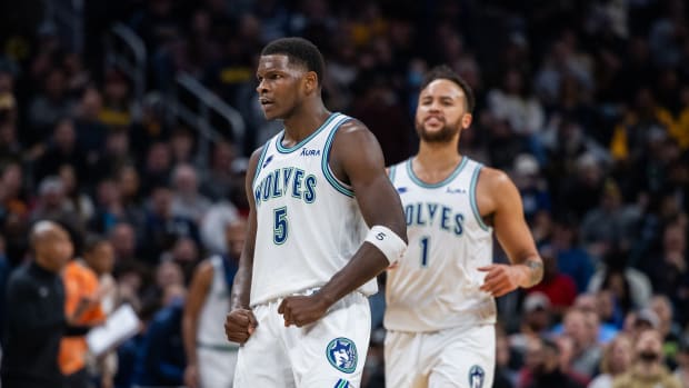 Mar 7, 2024; Indianapolis, Indiana, USA; Minnesota Timberwolves guard Anthony Edwards (5) celebrates a made shot during the second half against the Indiana Pacers at Gainbridge Fieldhouse.